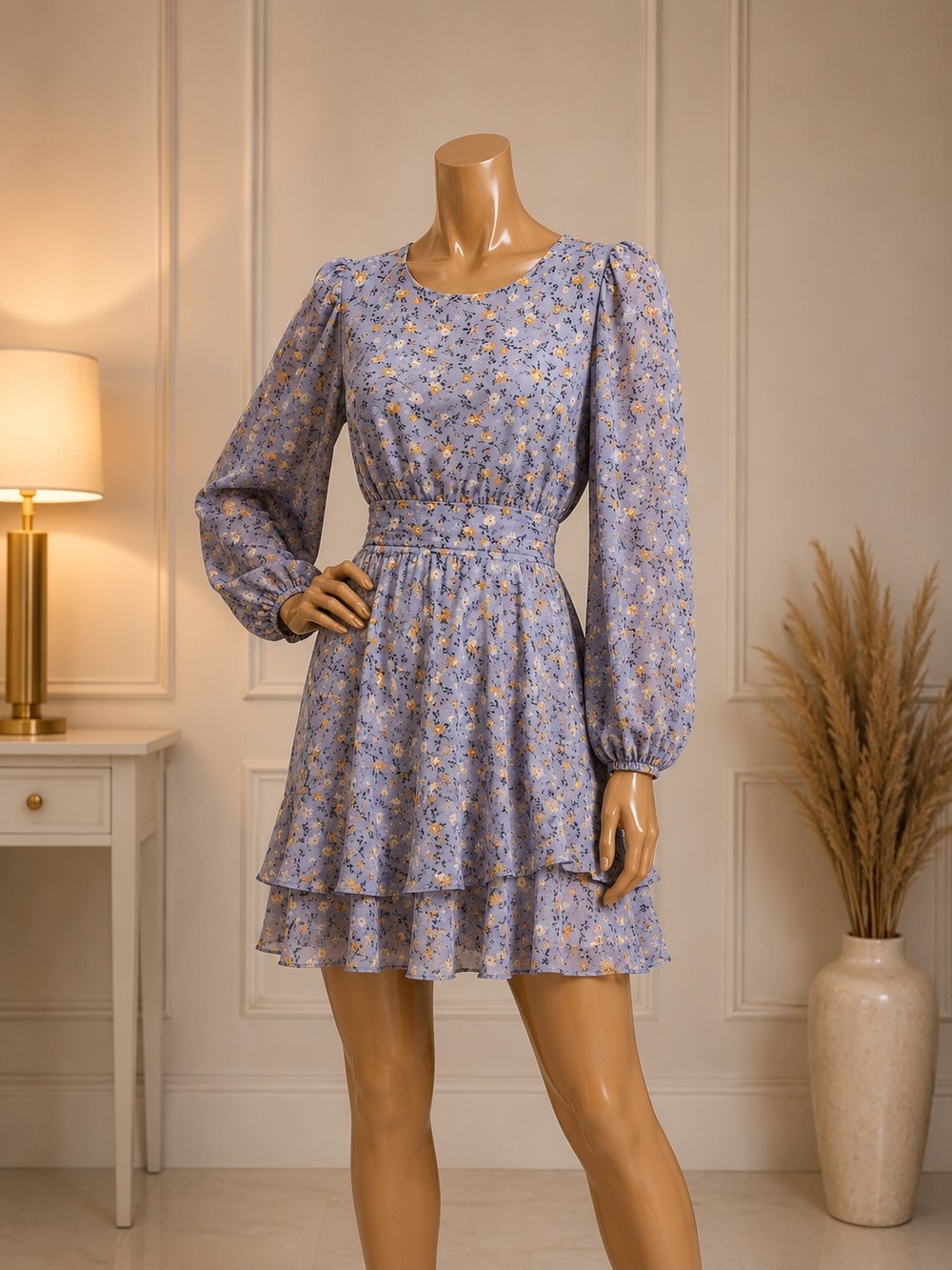 Allison + Kelly Blue Floral Long Sleeve Mini Dress XS Tie Waist Ruffle